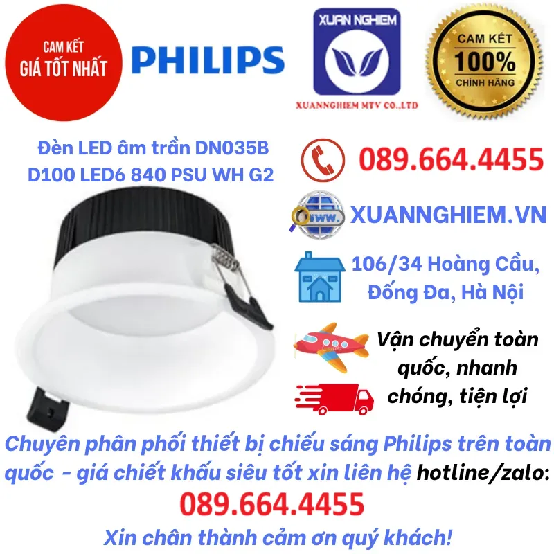 Đèn LED âm trần lỗ cắt 100 DN035B D100 LED6 840 PSU WH G2