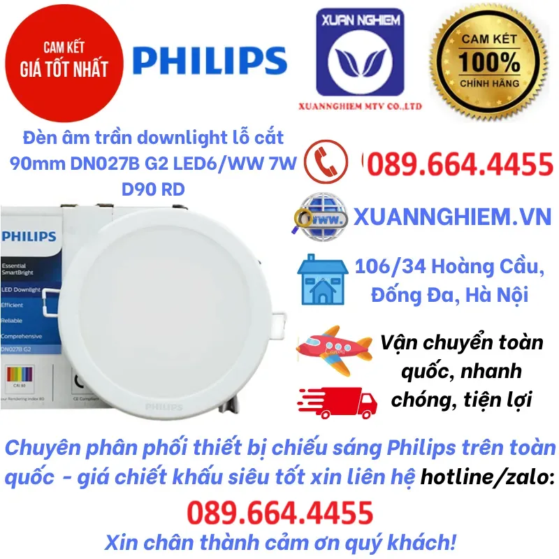 Đèn âm trần downlight lỗ cắt 90mm DN027B G2 LED6/WW 7W D90 RD