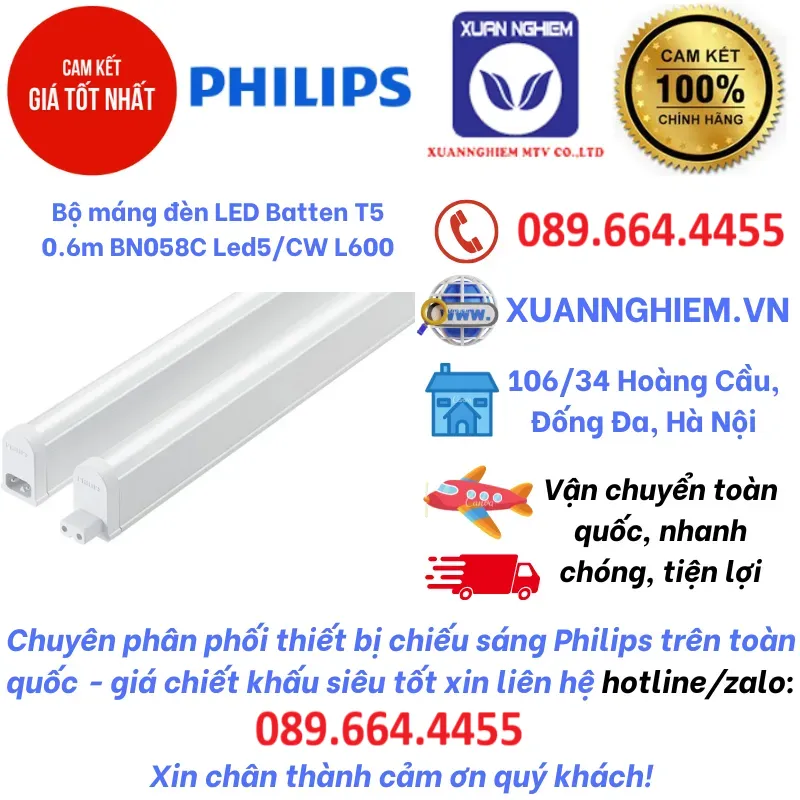 Bộ máng đèn LED Batten T5 0.6m BN058C Led5/CW L600