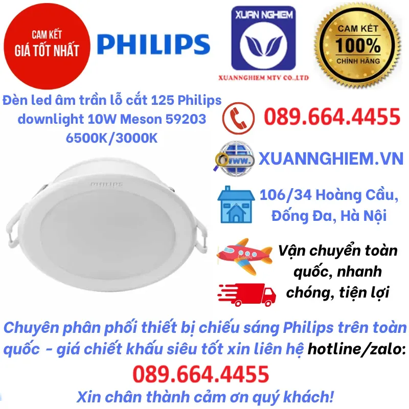 Đèn led âm trần lỗ cắt 125 Philips downlight 10W Meson 59203 6500K/3000K
