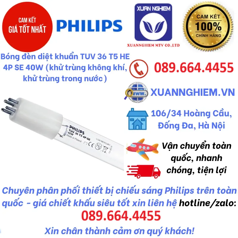 Bóng đèn diệt khuẩn TUV 36 T5 HE 4P SE 40W (khử trùng không khí, khử trùng trong nước)