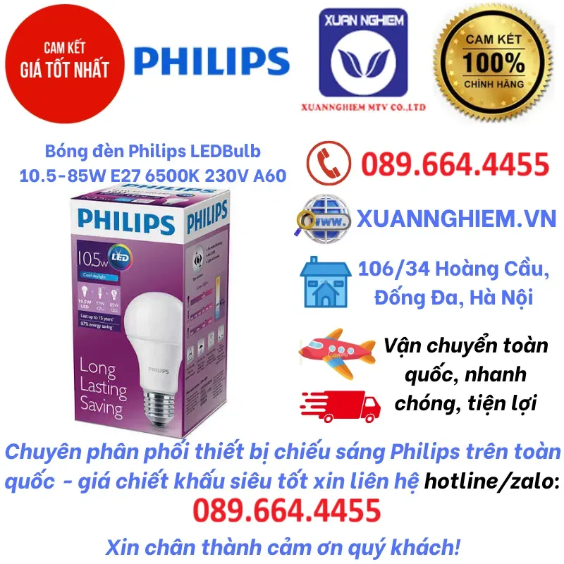 Bóng đèn Philips LEDBulb 10.5-85W E27 6500K 230V A60