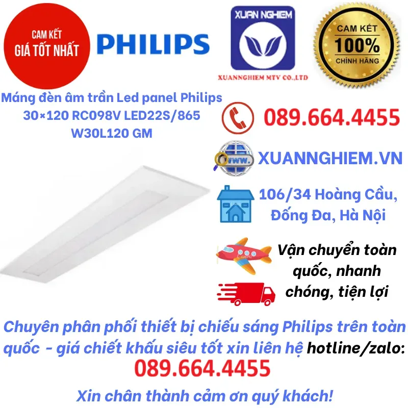 Máng đèn âm trần Led panel Philips 30×120 RC098V LED22S/865 W30L120 GM
