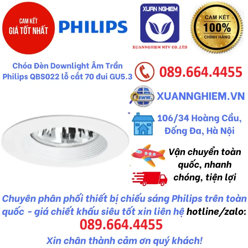 Chóa Đèn Downlight Âm Trần Philips QBS022 lỗ cắt 70 đui GU5.3