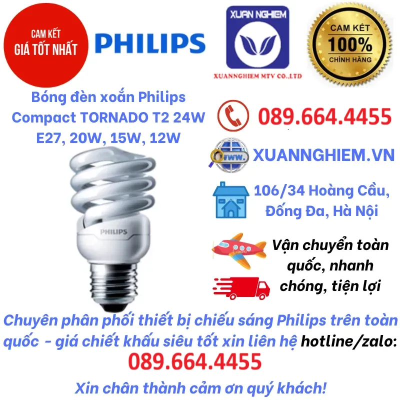 Bóng đèn xoắn Philips Compact TORNADO T2 24W E27, TORNADO 20W, TORNADO 15W, TORNADO 12W