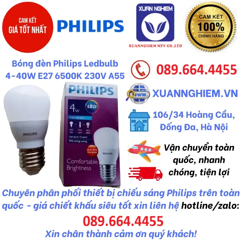 Bóng đèn Philips Ledbulb 4-40W E27 6500K 230V A55