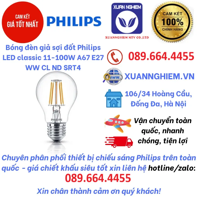 Bóng đèn giả sợi đốt Philips LED classic 11-100W A67 E27 WW CL ND SRT4