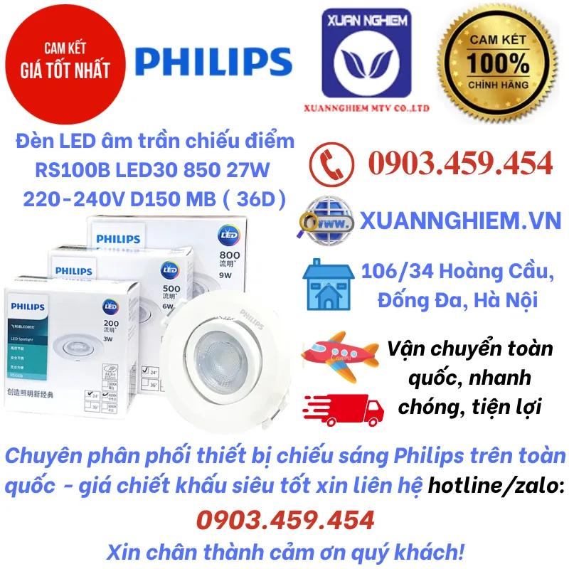 Đèn LED âm trần chiếu điểm RS100B LED30 850 27W  220-240V D150 MB ( 36D)