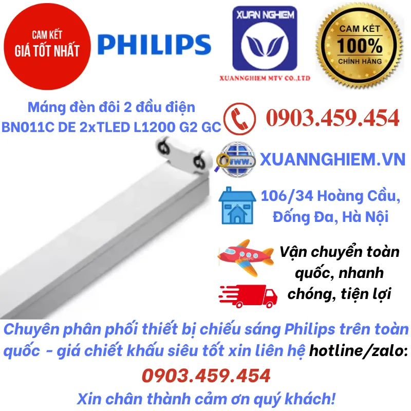 Máng đèn đôi 2 đầu điện không chóa BN011C DE 2xTLED L1200 G2 GC