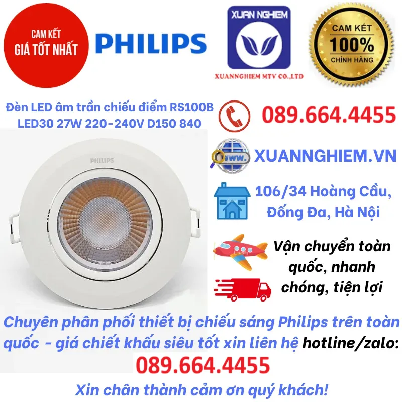Đèn LED âm trần chiếu điểm RS100B LED30 27W 220-240V D150 840