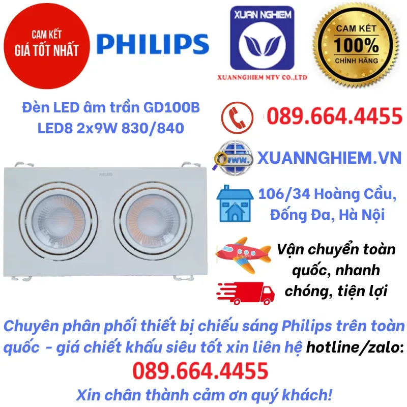 Đèn LED âm trần GD100B LED8 2x9W 830/840